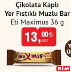 ETİ MAXİMUS ÇİKOLATA KAPLI YER FISTIKLI MUZLU BAR 36 G